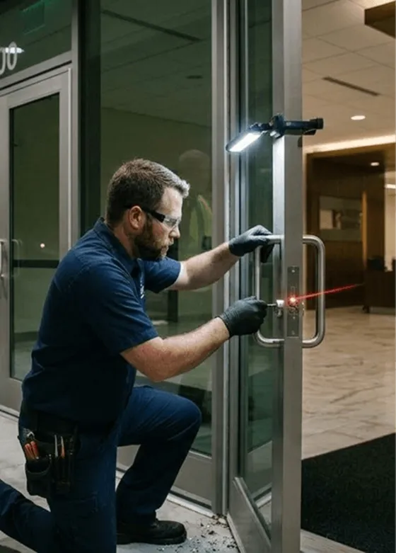 Locksmith fitting a lock on a glass office door